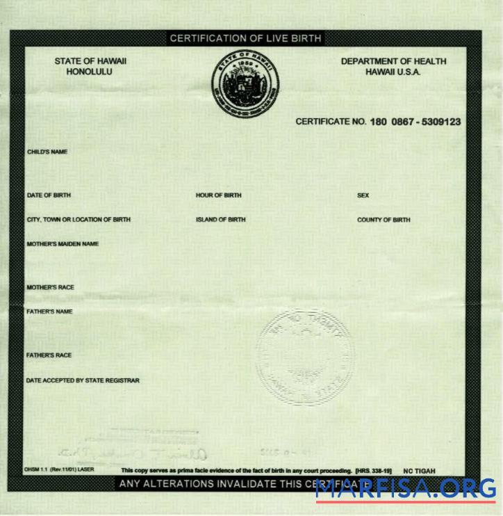 Blank United States Department of health Hawaii certification of birth example